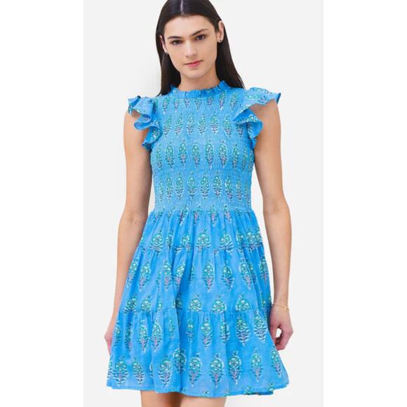 OLIPHANT Tuckernuck Smocked Flirty Short Ruffle Mini Blue Block Print Dress Med